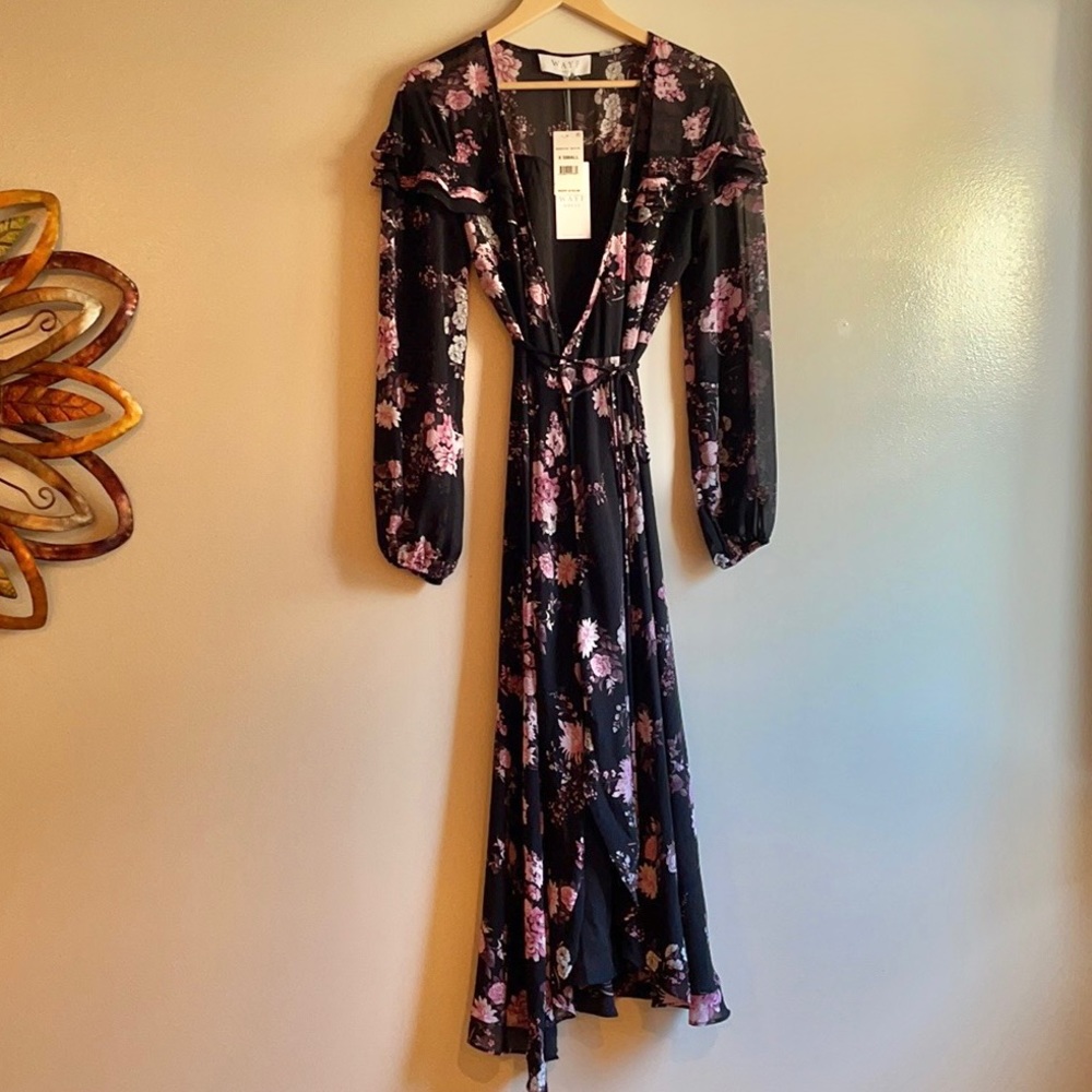 NWT WAYF black floral pink flounce chiffon maxi wrap dress - Picture 9 of 14